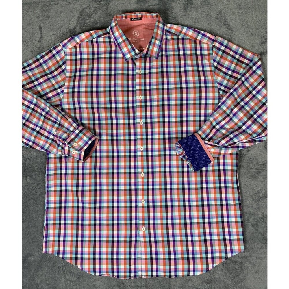 Bugatchi Uomo Button Up Shirt Men's 2XL Multicolor Check Long Sleeve